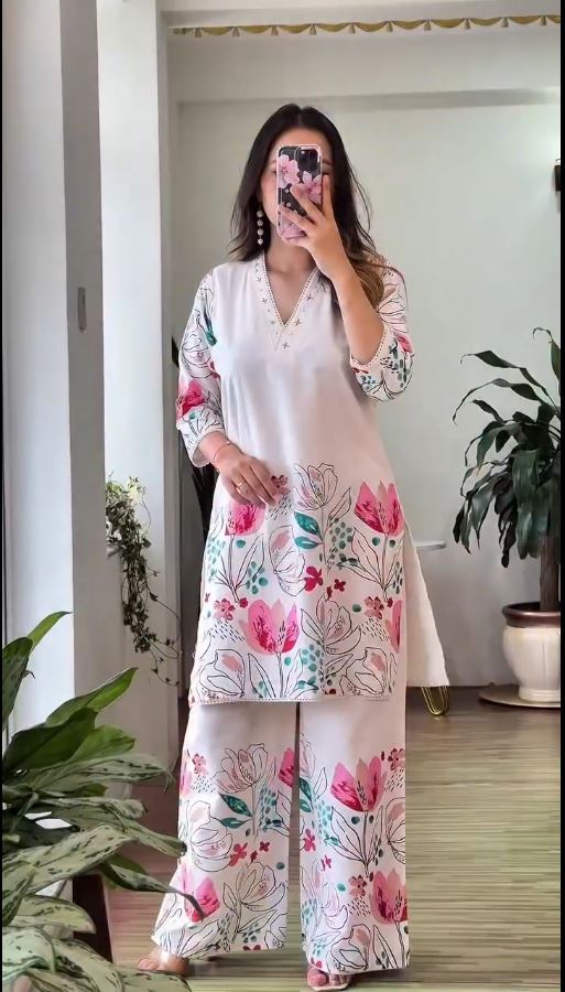 Women's White Floral Printed Co-ord Set