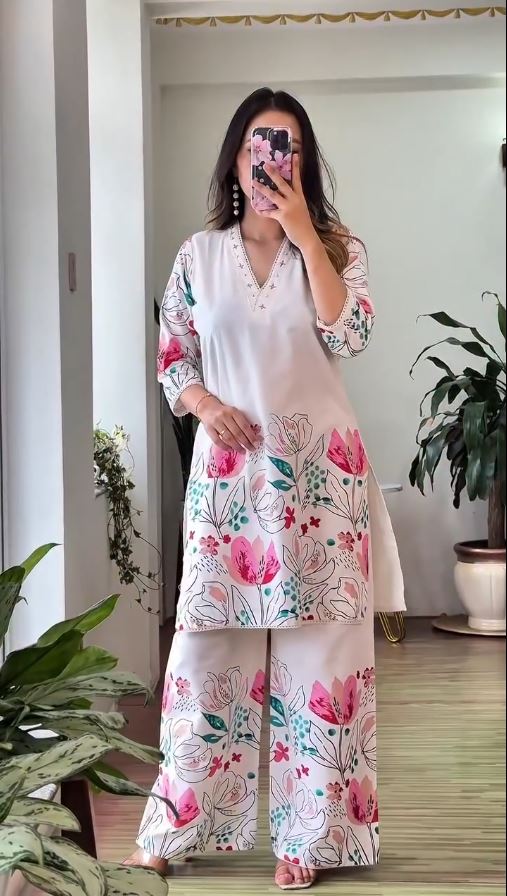 Women's White Floral Printed Co-ord Set
