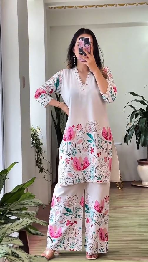 Women's White Floral Printed Co-ord Set