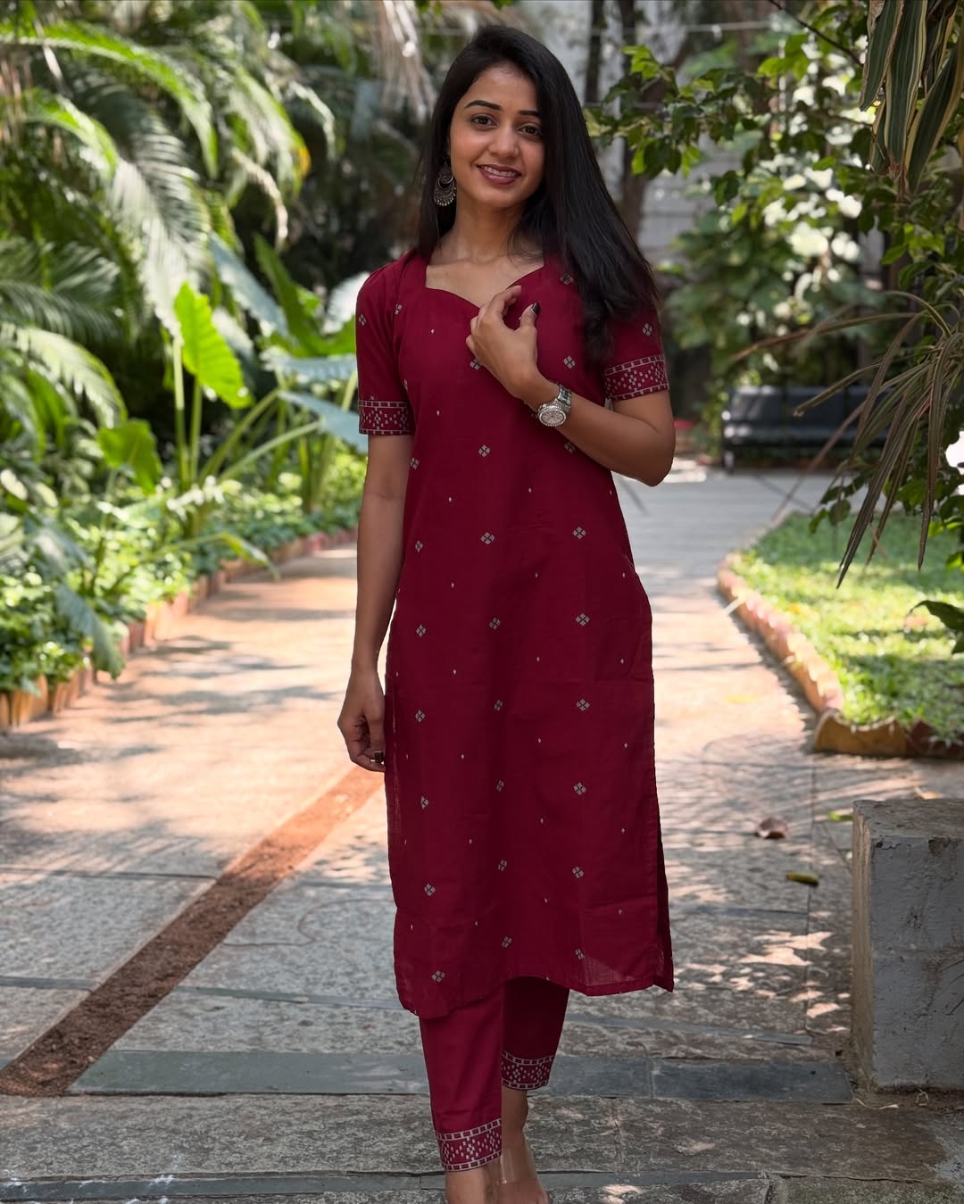 Maroon Cotton Kurti with Pant Set