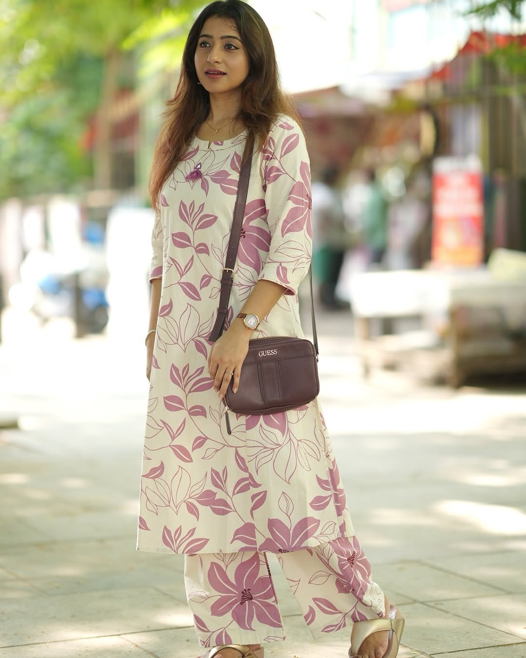 Off-White & Pink Floral Cotton Kurti with Pant Set