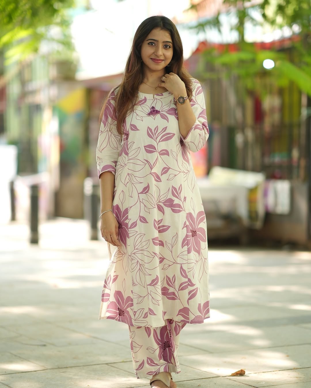 Off-White & Pink Floral Cotton Kurti with Pant Set