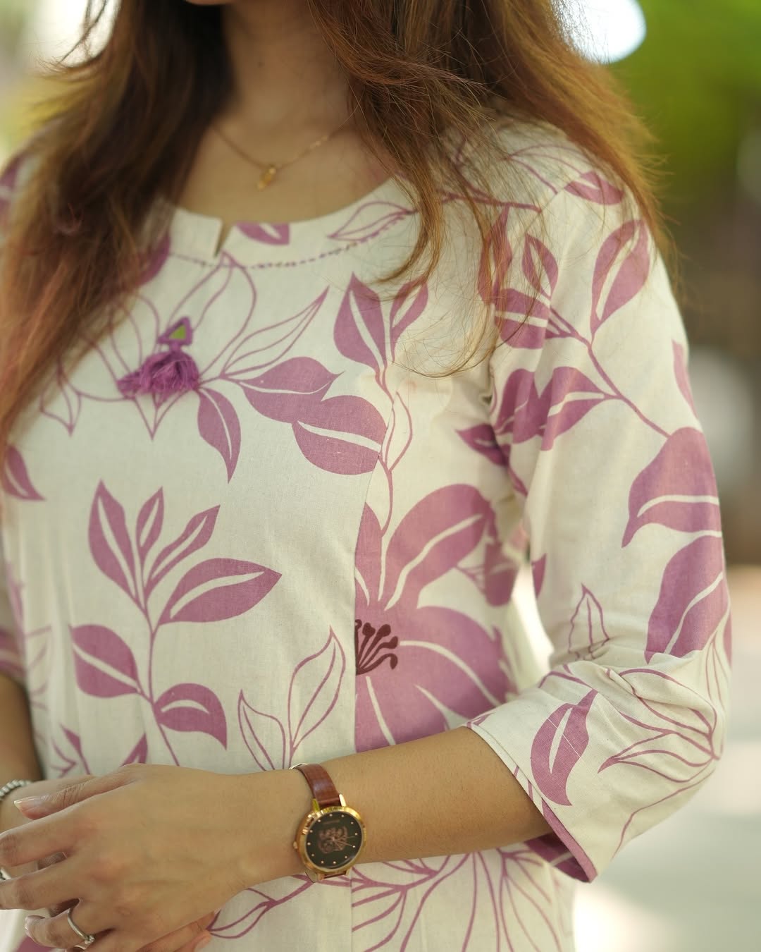 Off-White & Pink Floral Cotton Kurti with Pant Set