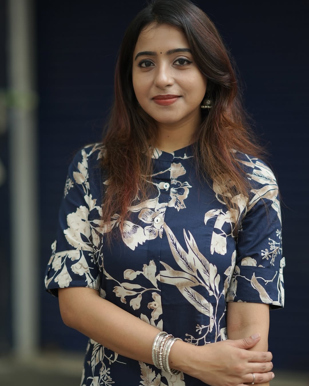 Navy Blue Floral Cotton Kurti with Pant Set