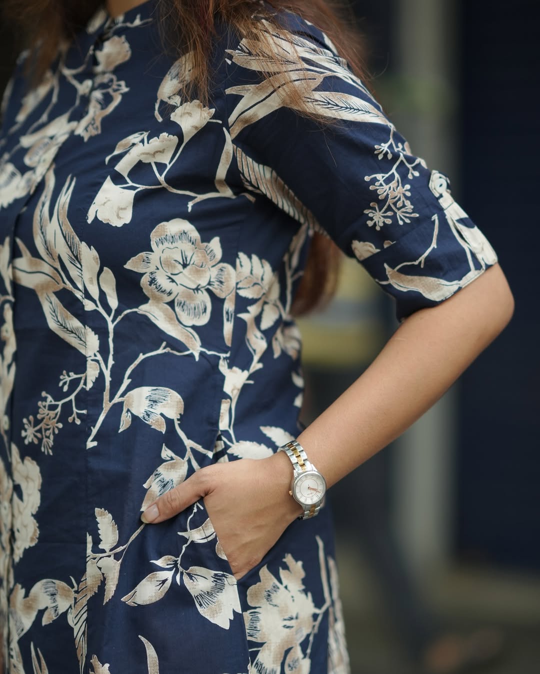 Navy Blue Floral Cotton Kurti with Pant Set