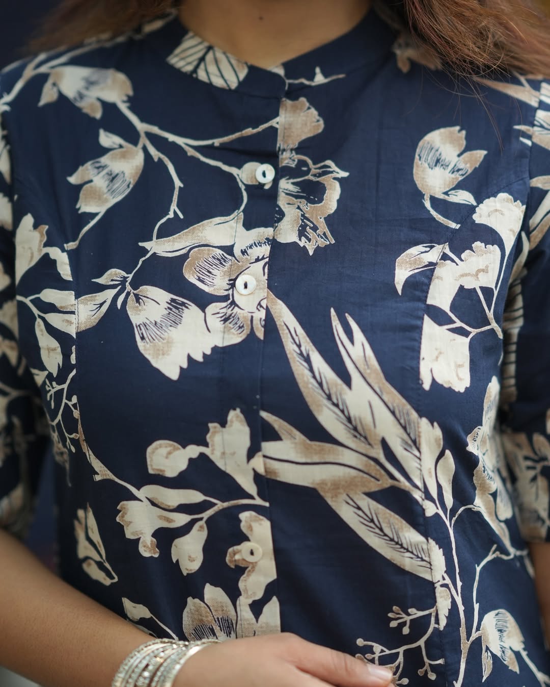 Navy Blue Floral Cotton Kurti with Pant Set