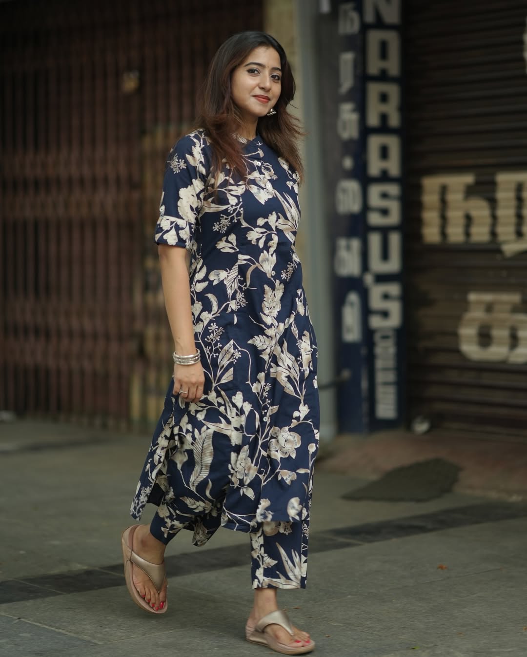 Navy Blue Floral Cotton Kurti with Pant Set