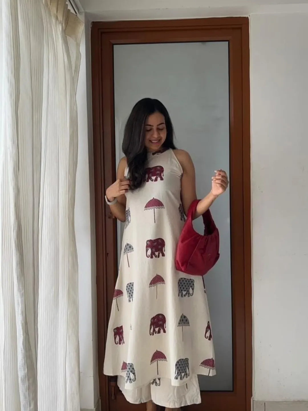 Elephant & Umbrella Print Sleeveless Cotton Kurti with Pant Set