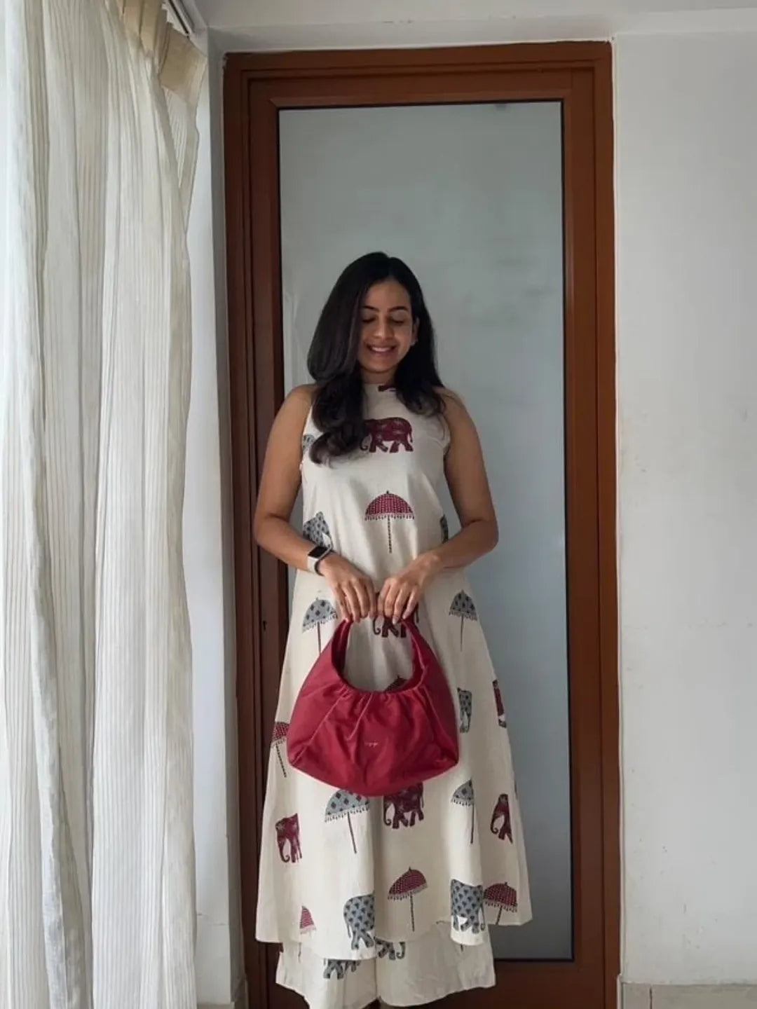 Elephant & Umbrella Print Sleeveless Cotton Kurti with Pant Set