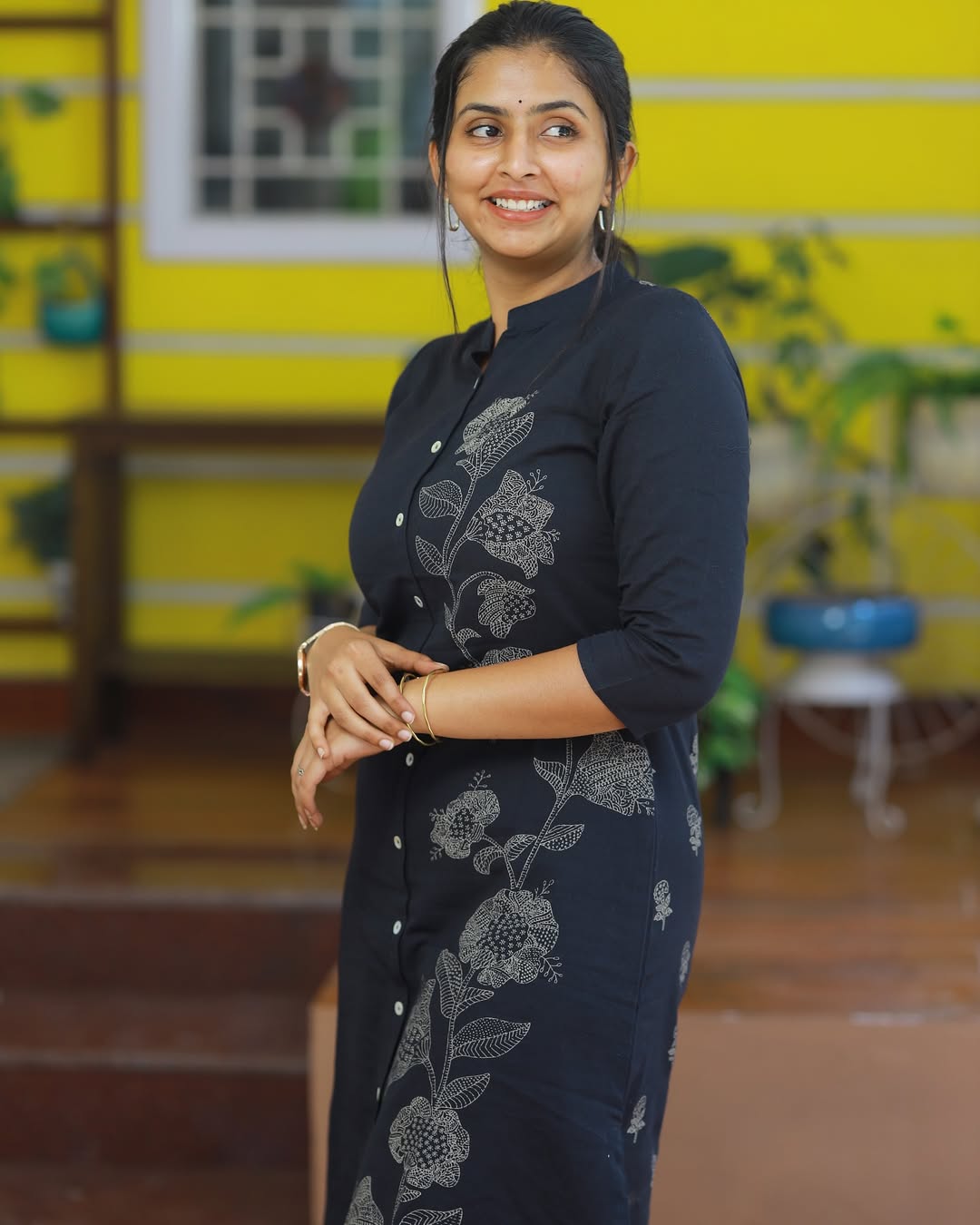 Black Cotton kurti with pant One Side Floral Print