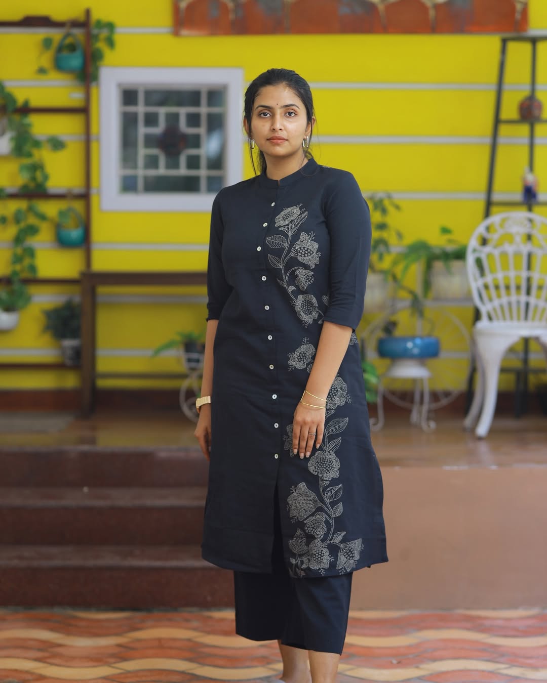 Black Cotton kurti with pant One Side Floral Print