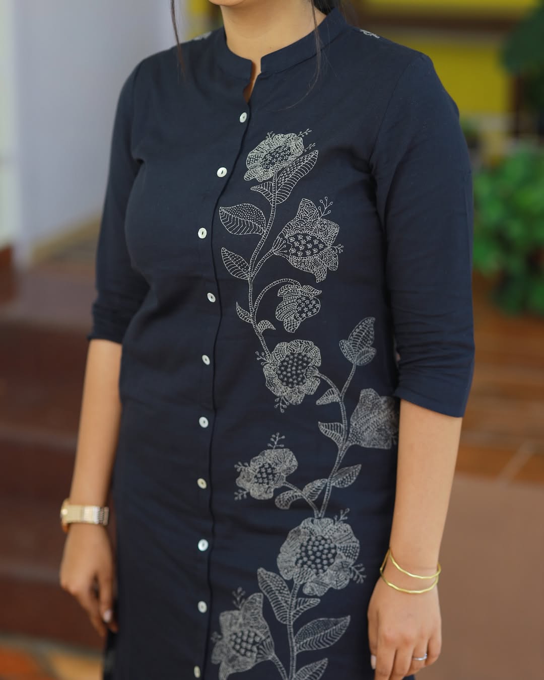 Black Cotton kurti with pant One Side Floral Print