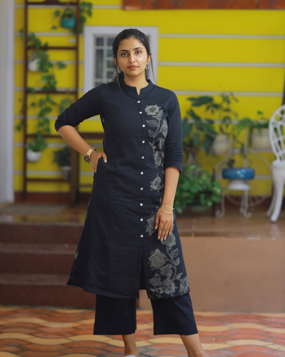 Black Cotton kurti with pant One Side Floral Print
