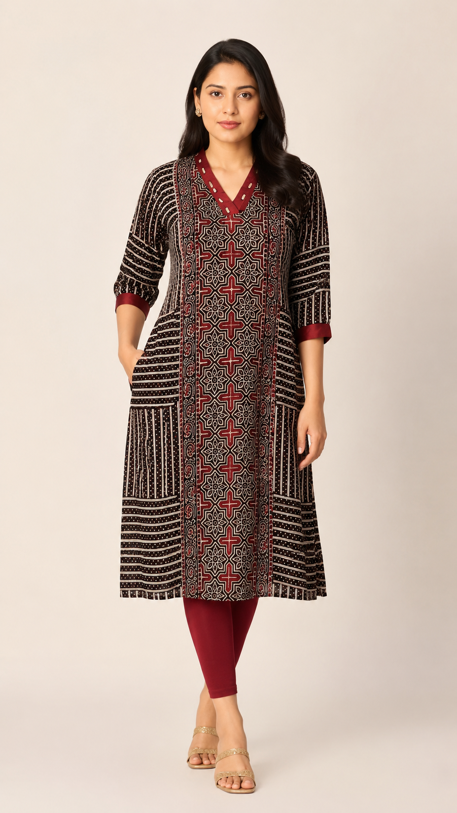 Sharvari Ajrakh Printed Real Mirror A-Line kurtis