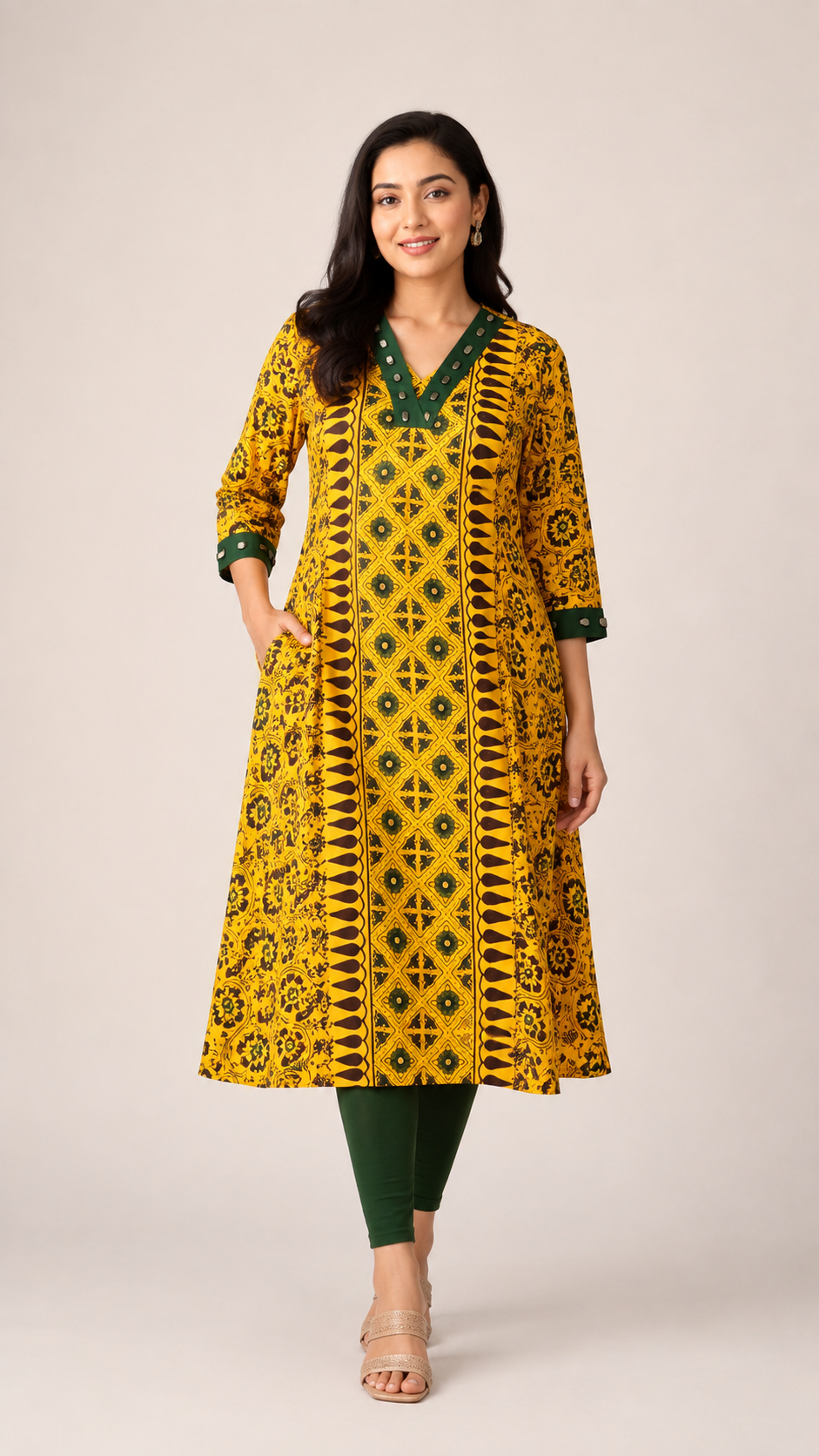 Sharvari Ajrakh Printed Real Mirror A-Line kurtis