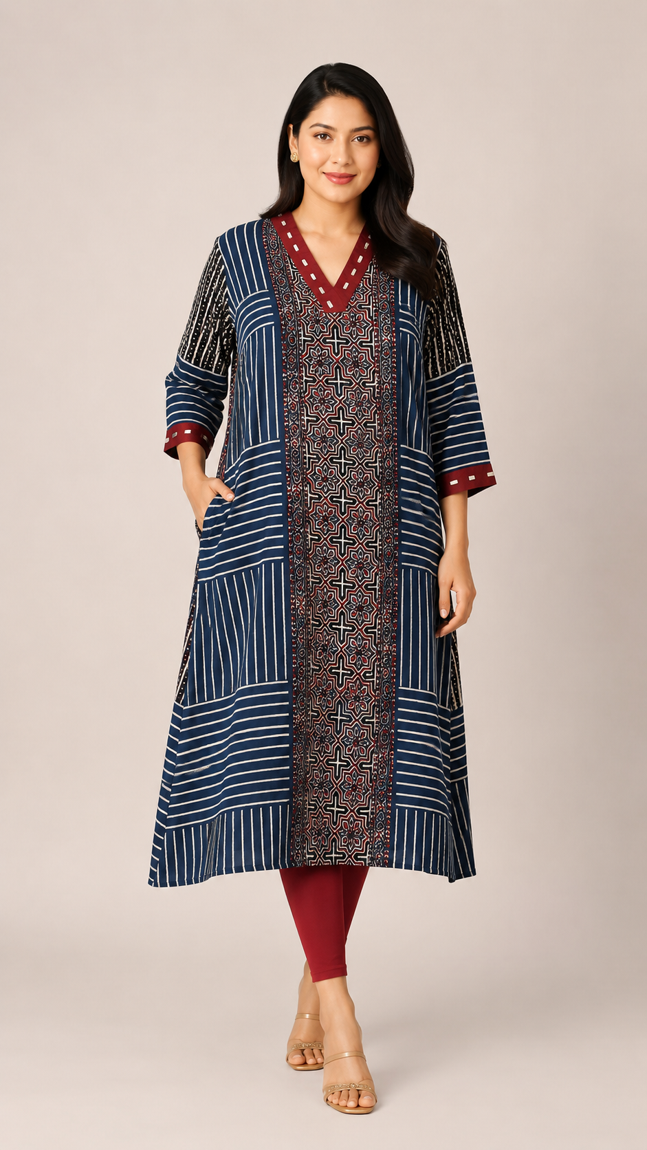 Sharvari Ajrakh Printed Real Mirror A-Line kurtis