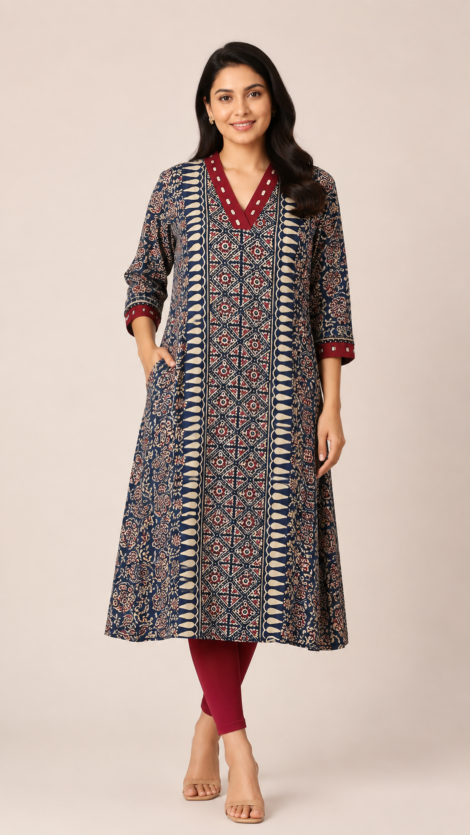 Sharvari Ajrakh Printed Real Mirror A-Line kurtis