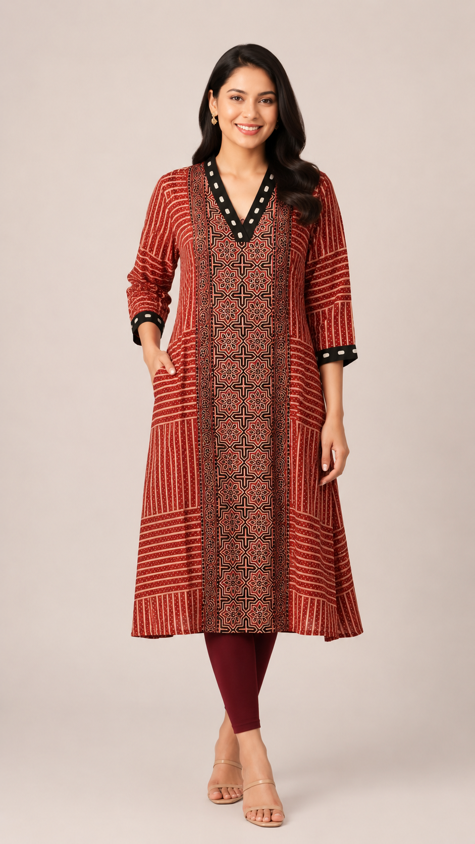 Sharvari Ajrakh Printed Real Mirror A-Line kurtis