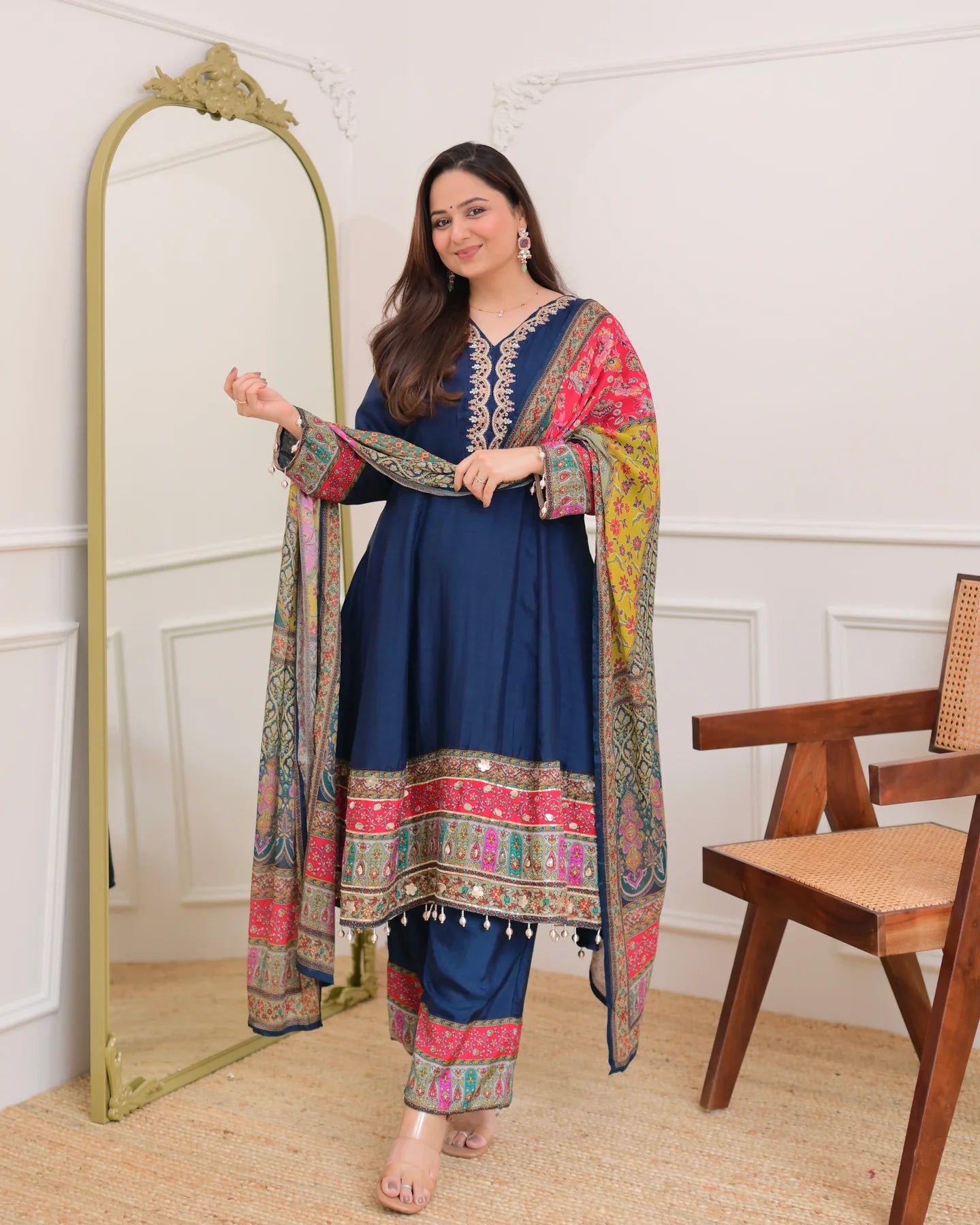 Navy Blue Handwork Silk A Line Festive Suit