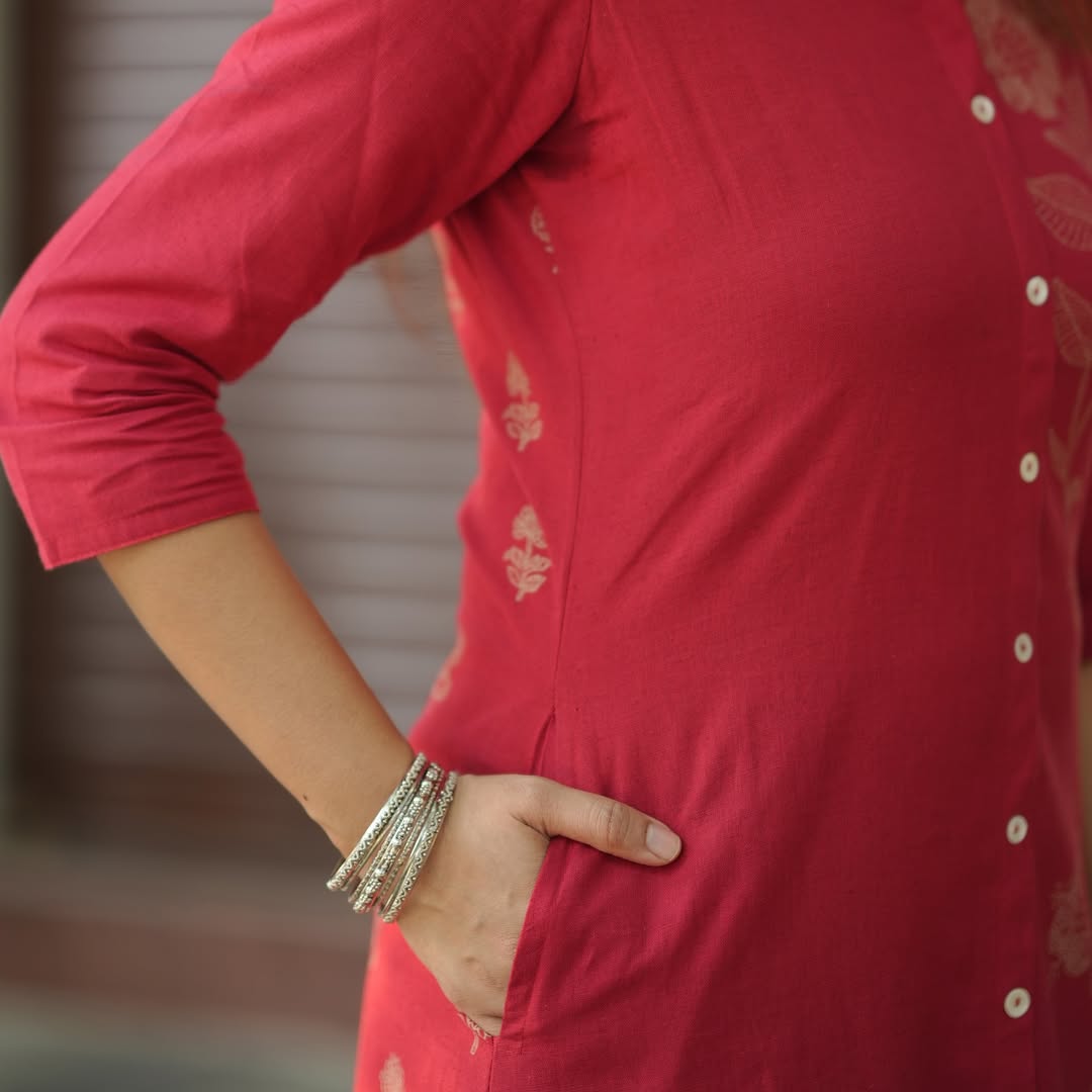 Red Cotton Kurti With Pant One Side Floral Print