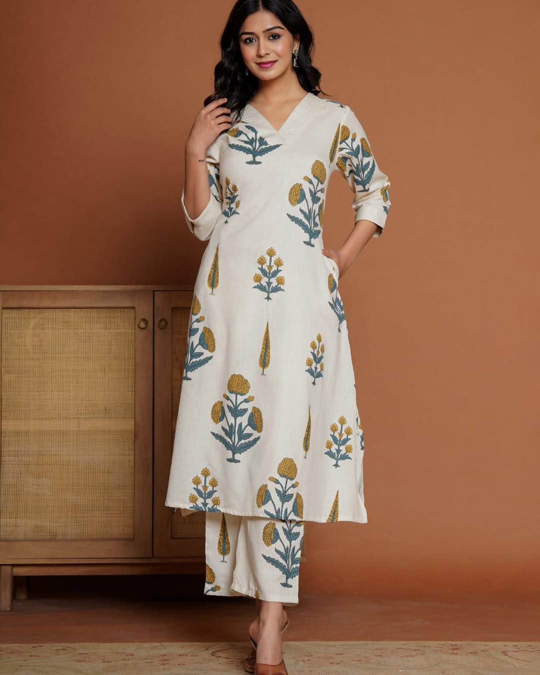 Elegant Off-White Cotton Kurti with Pant Set