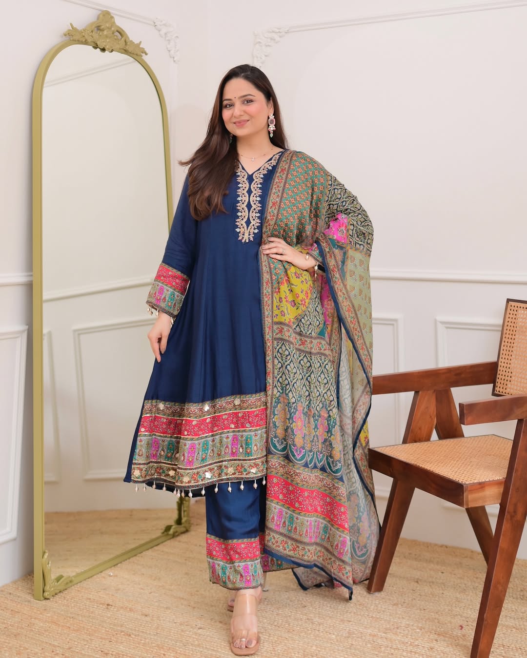 Navy Blue Handwork Silk A Line Festive Suit