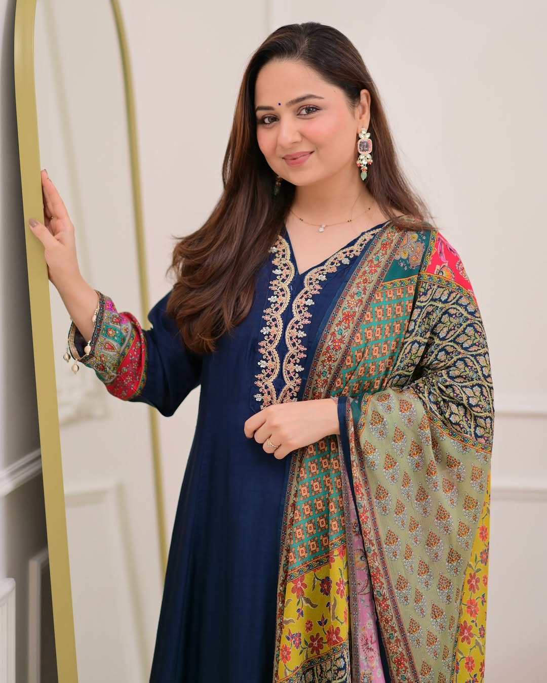 Navy Blue Handwork Silk A Line Festive Suit