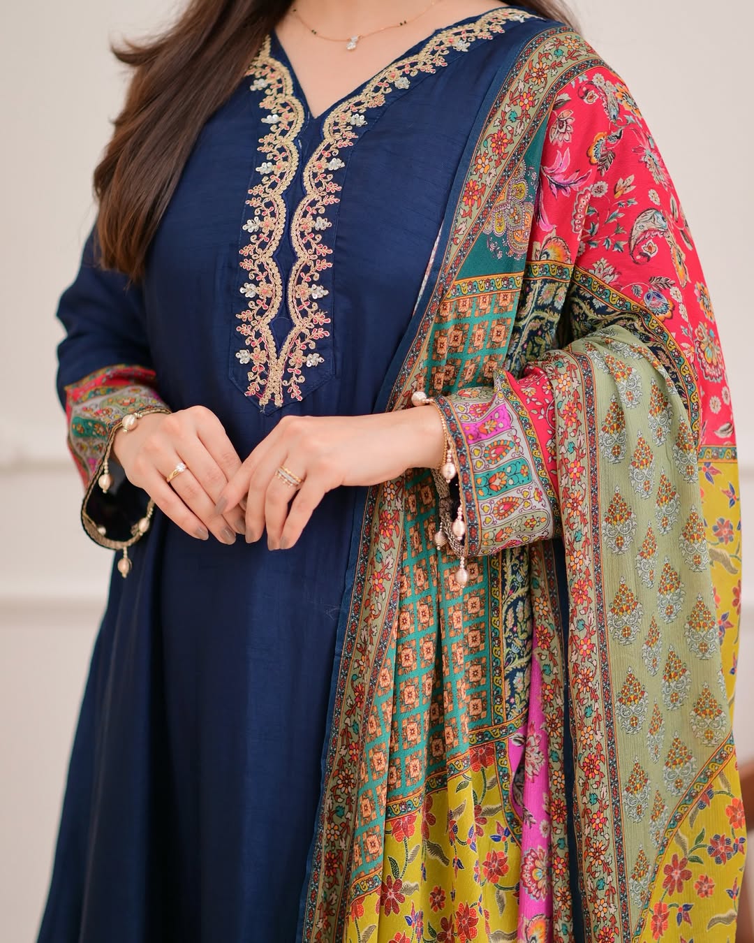 Navy Blue Handwork Silk A Line Festive Suit