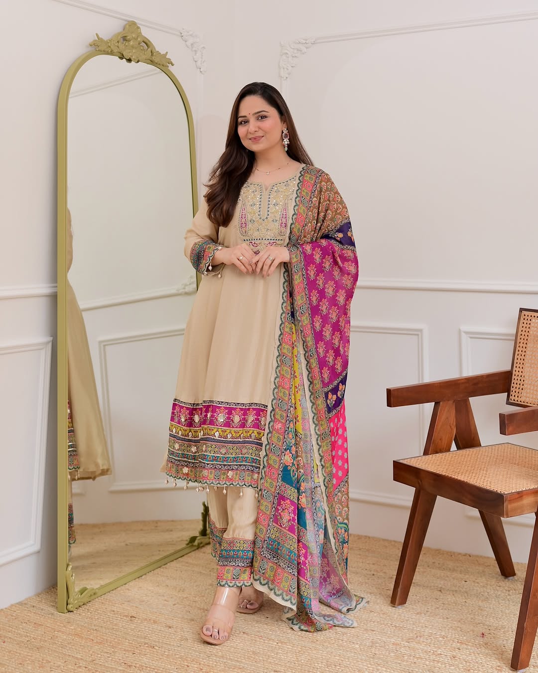 Navy Blue Handwork Silk A Line Festive Suit