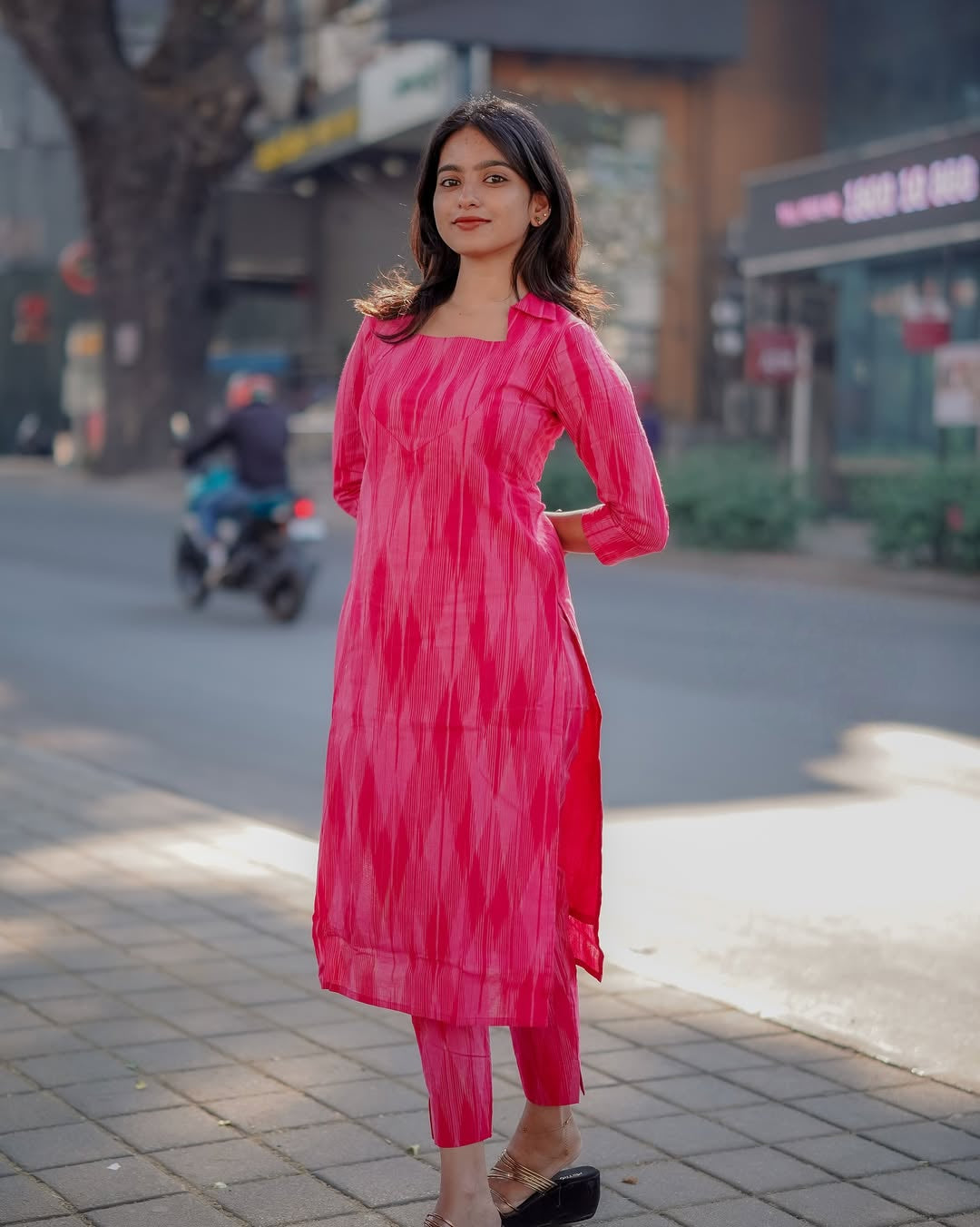 Pink Ikat Cotton Kurti with Pant Set