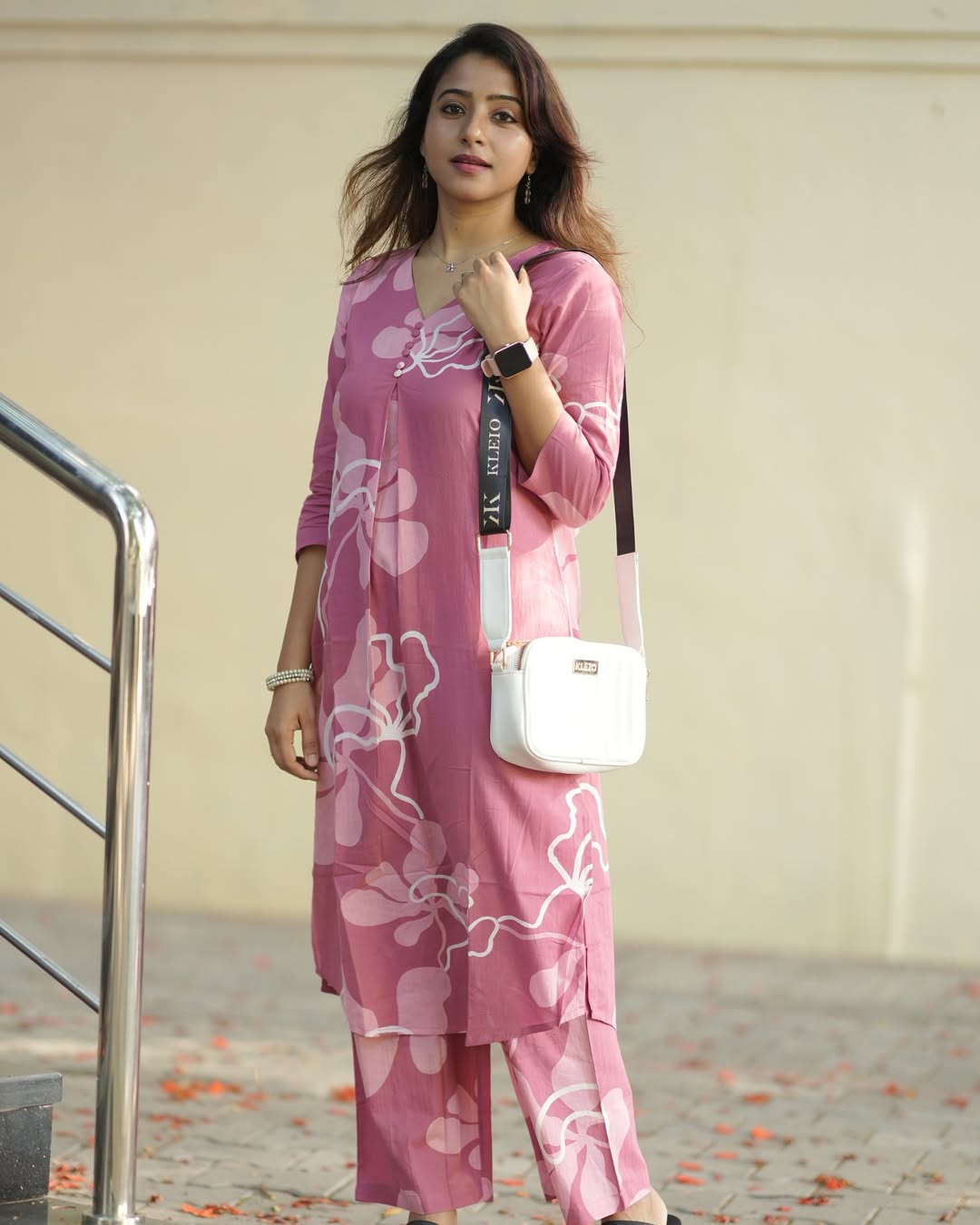 Kayal Baby Pink Abstract Cotton Kurti with Pant Set