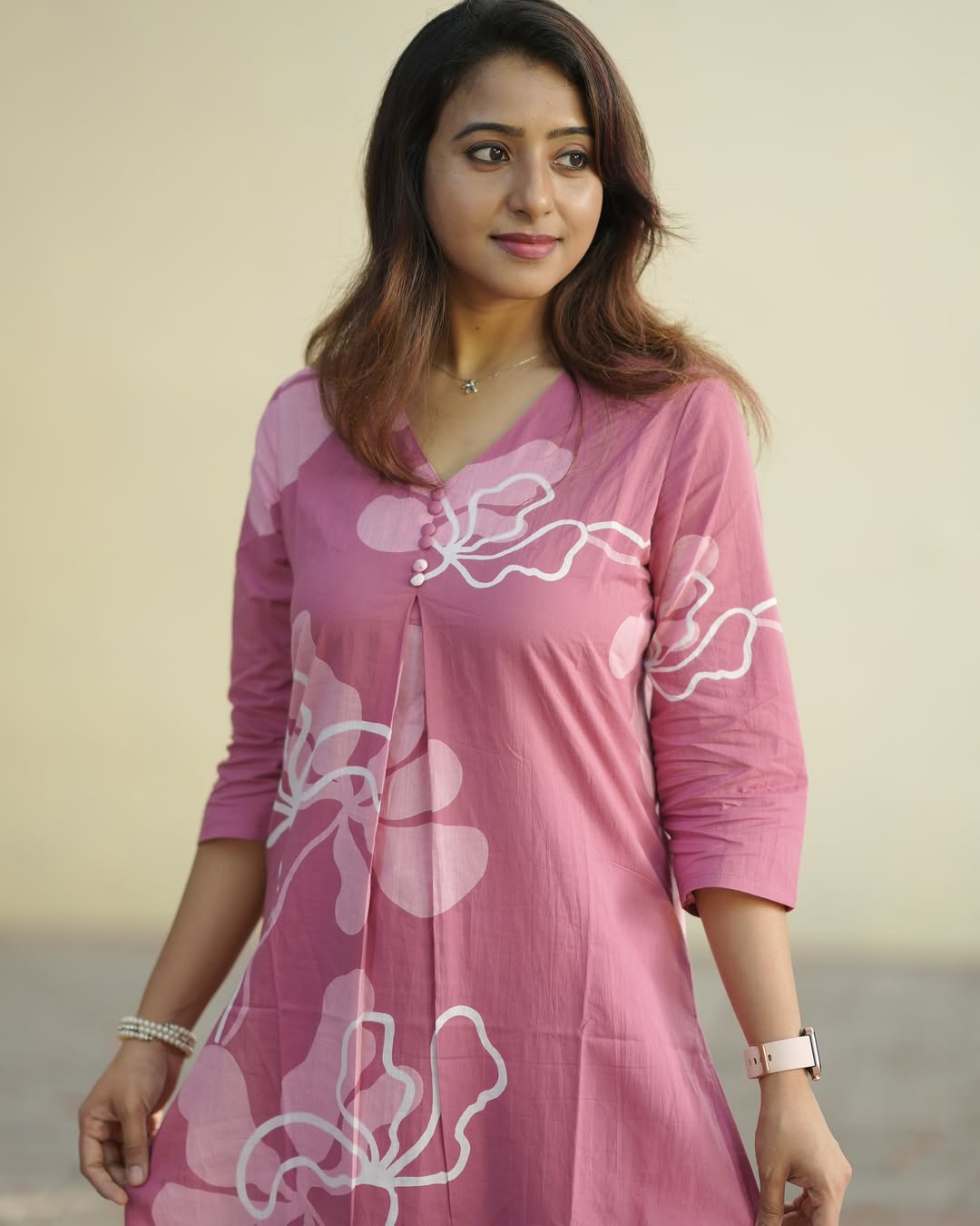 Kayal Baby Pink Abstract Cotton Kurti with Pant Set