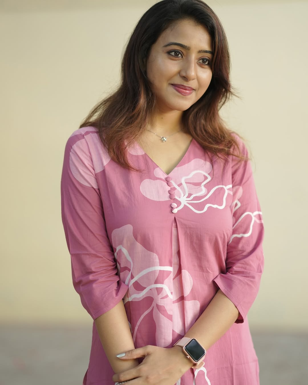 Kayal Baby Pink Abstract Cotton Kurti with Pant Set