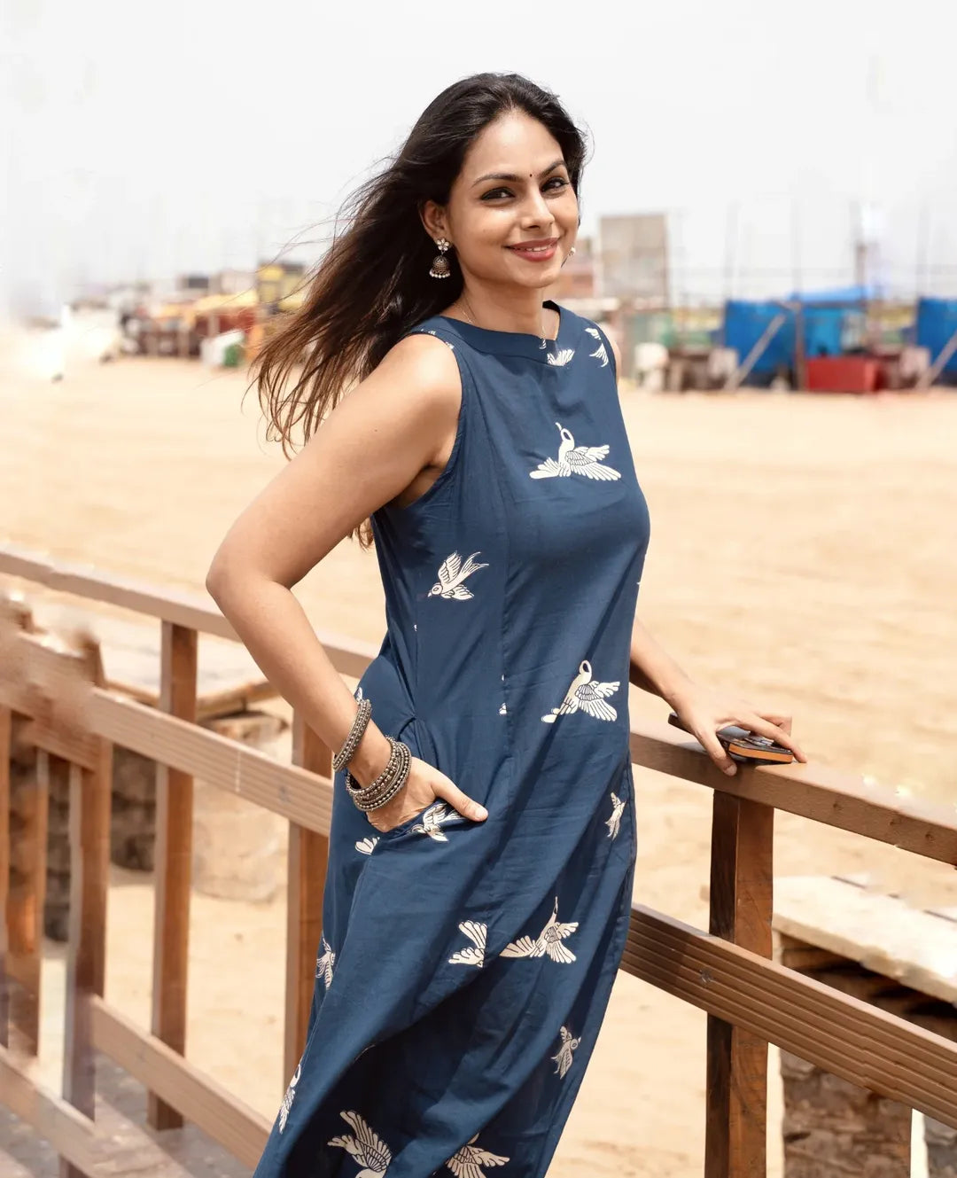 Indigo Blue Bird Print Sleeveless Cotton Kurti with Pant Set