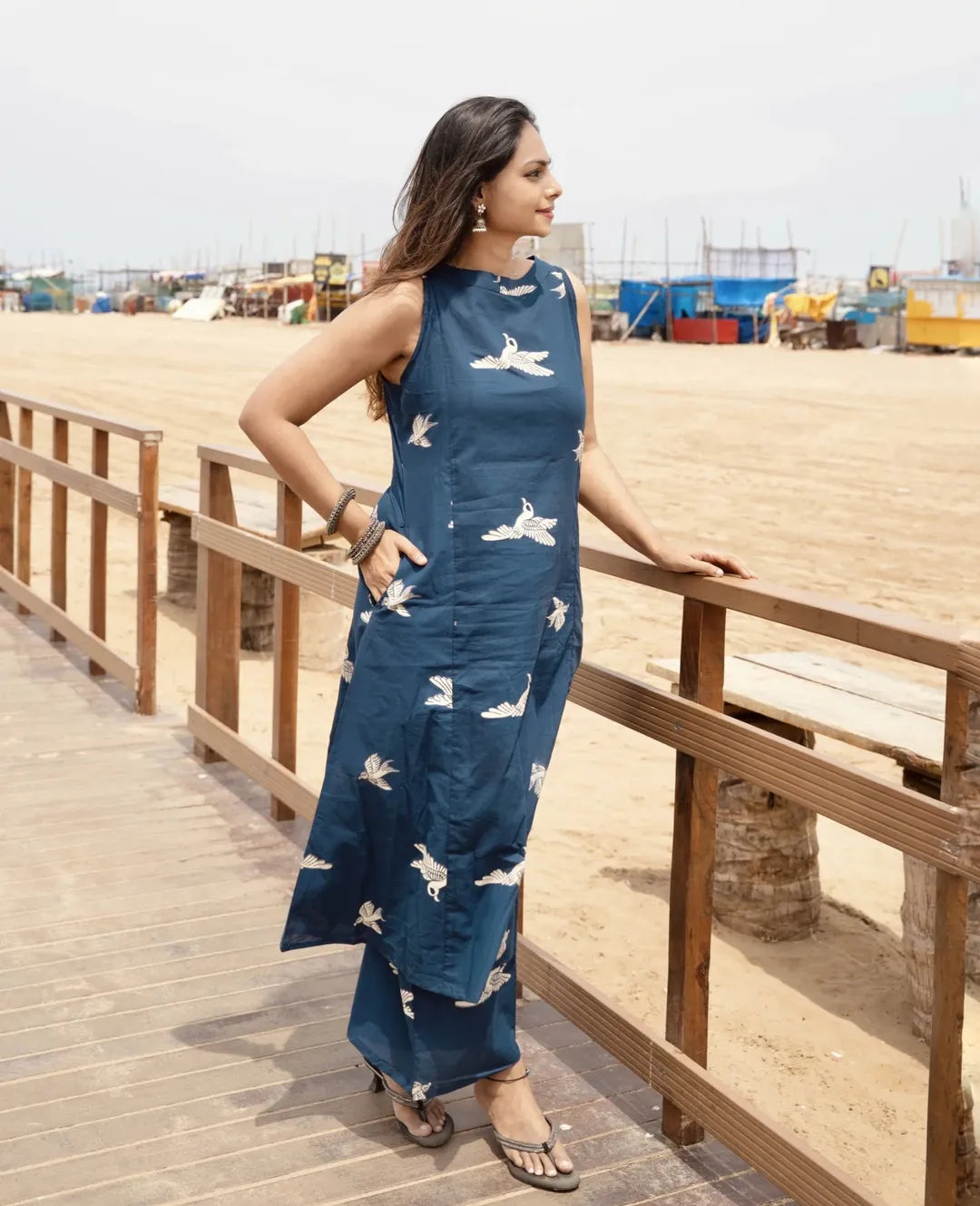 Indigo Blue Bird Print Sleeveless Cotton Kurti with Pant Set