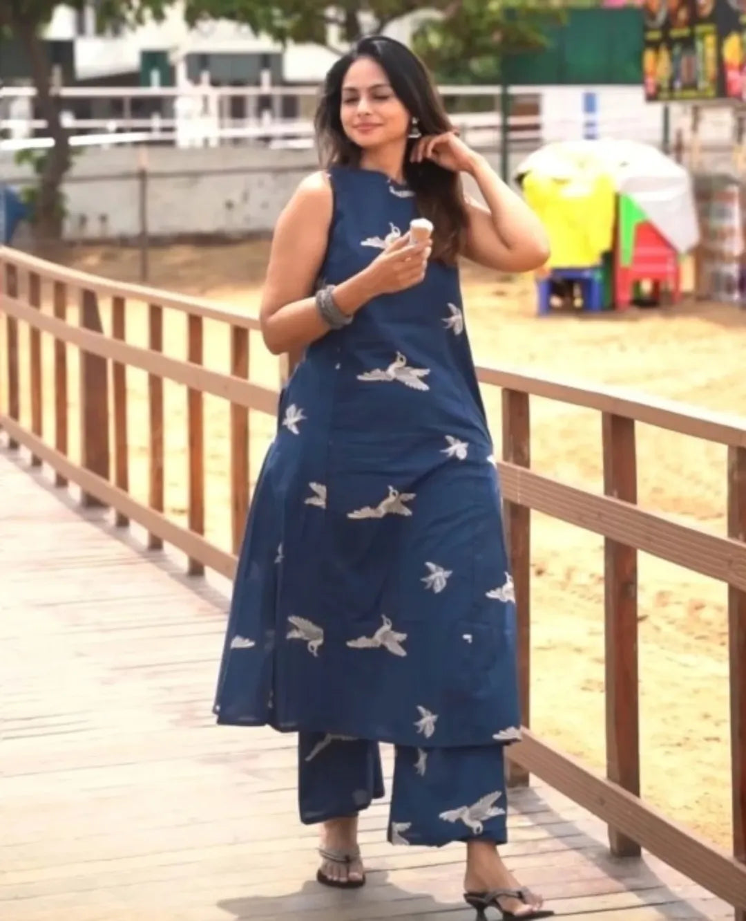 Indigo Blue Bird Print Sleeveless Cotton Kurti with Pant Set