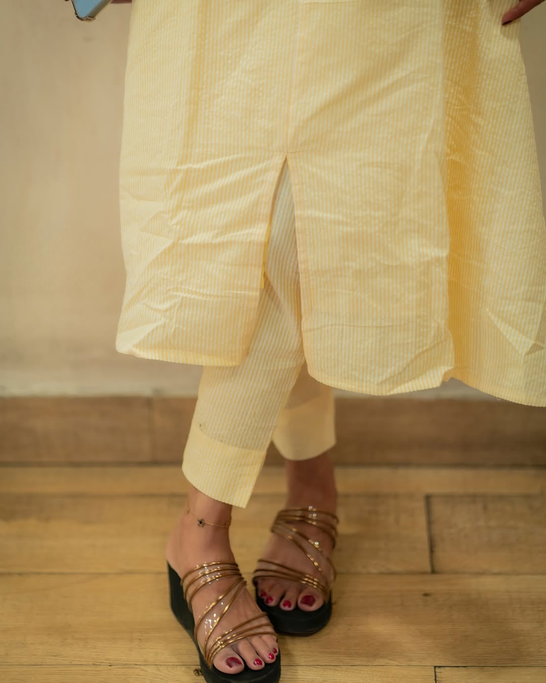 Off-White & Yellow Cotton Kurta with Pant Set