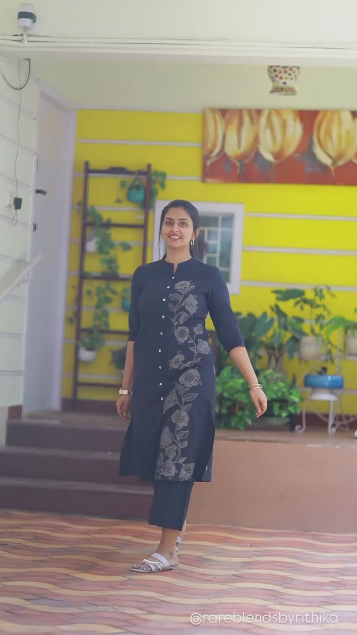 Black Cotton kurti with pant One Side Floral Print